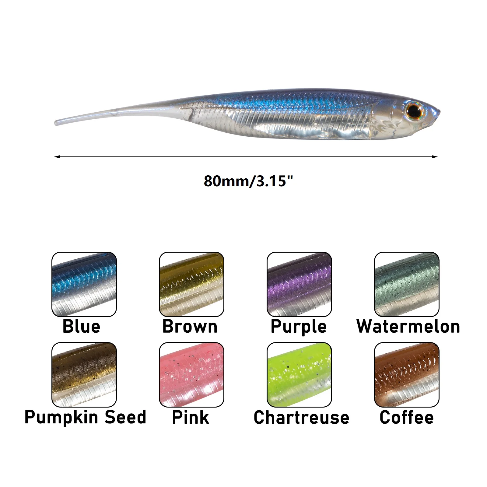 Dr.Fish 6pcs Fishing Soft Plastic Lures Saltwater Needle Tail Silicone Soft Bait Shad Worm Bait Swimbaits Bass Trout 80mm