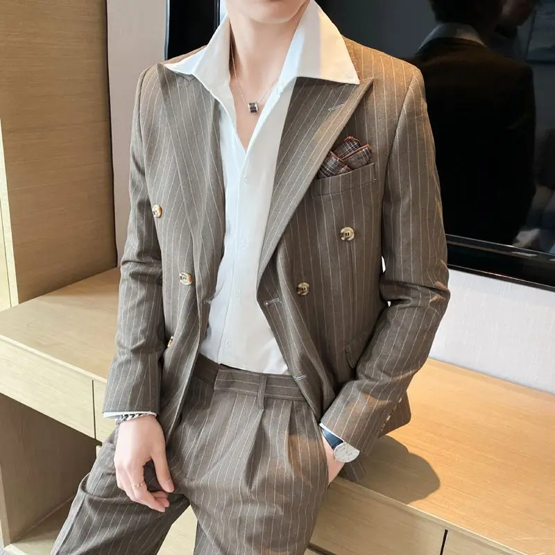 1-A13 Men's Spring and Autumn Thin suit White Suit with Butt Neck Casual Striped Double-breasted Suit Jacket Fashionable