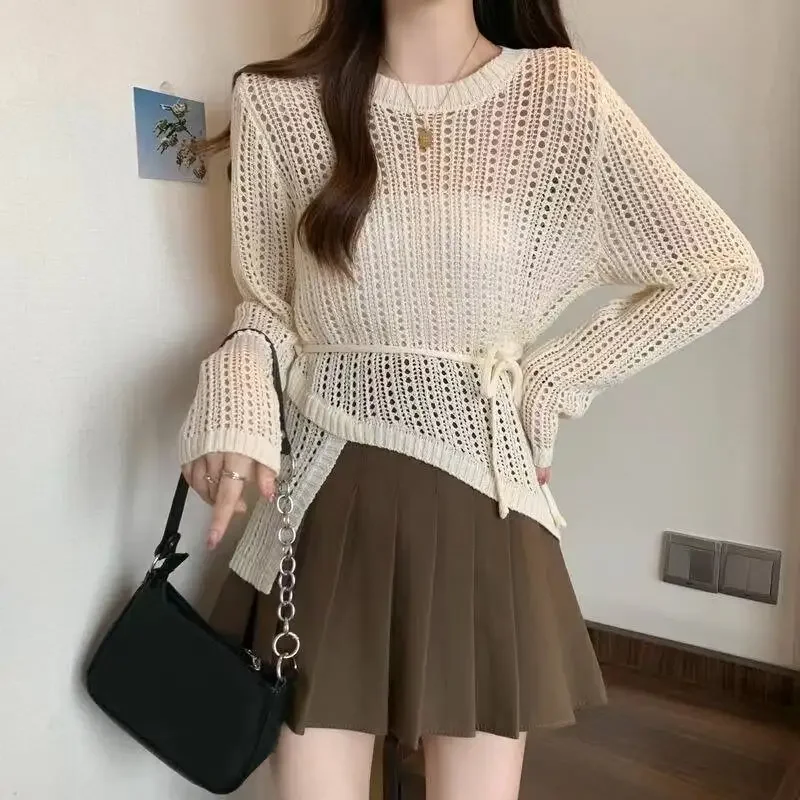 

Asymmetric Long Sleeve Crochet Knit Top Summer Beach Bikini Cover Up Tie-Waist Crop Pullover Blouse Women Vacation Outfit