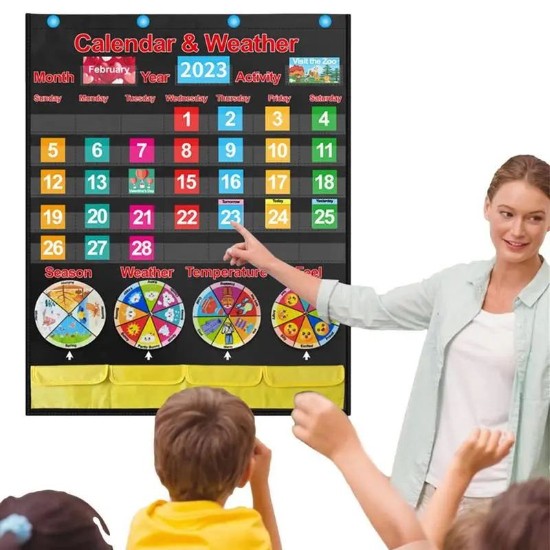 

Preschool Calendar For Classroom Monthly Calendar Hanging Pocket Chart With 4 Hooks Early Education Tools With 4 Spinners