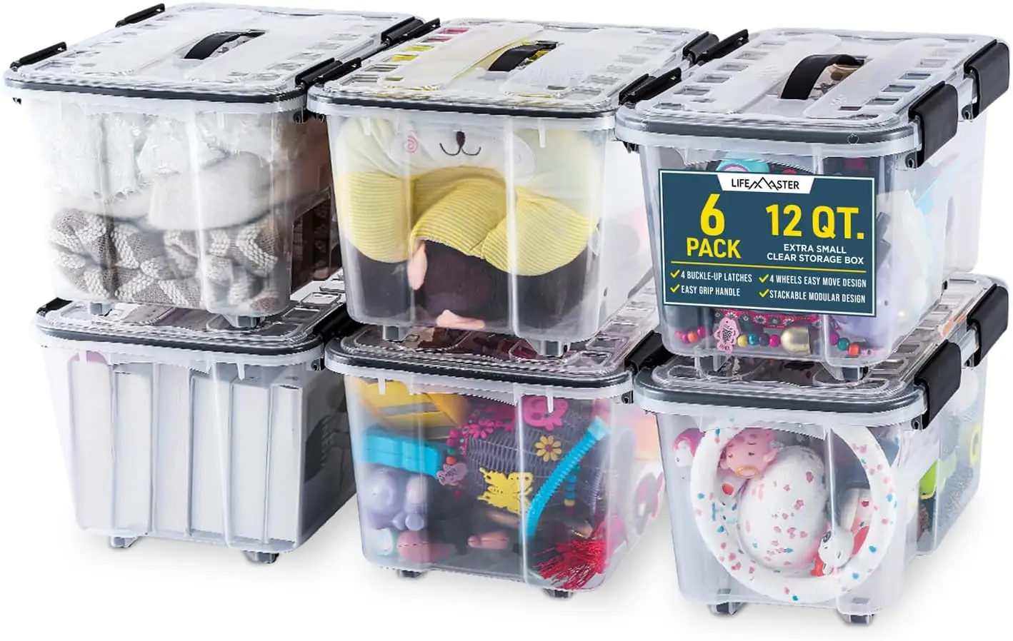 

Stackable Storage Boxes - Clear Plastic, Black Seal, Modular Design 12 Quarts