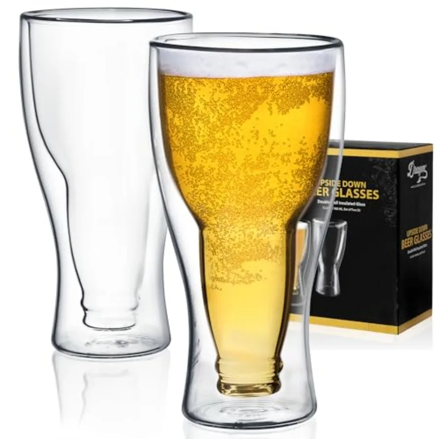 

Beer Glasses - 13.5 oz Clear Double Wall Insulated Beer Glass Set of 2 - Upside Down Design - Holds One Full Bottle - Freezer S