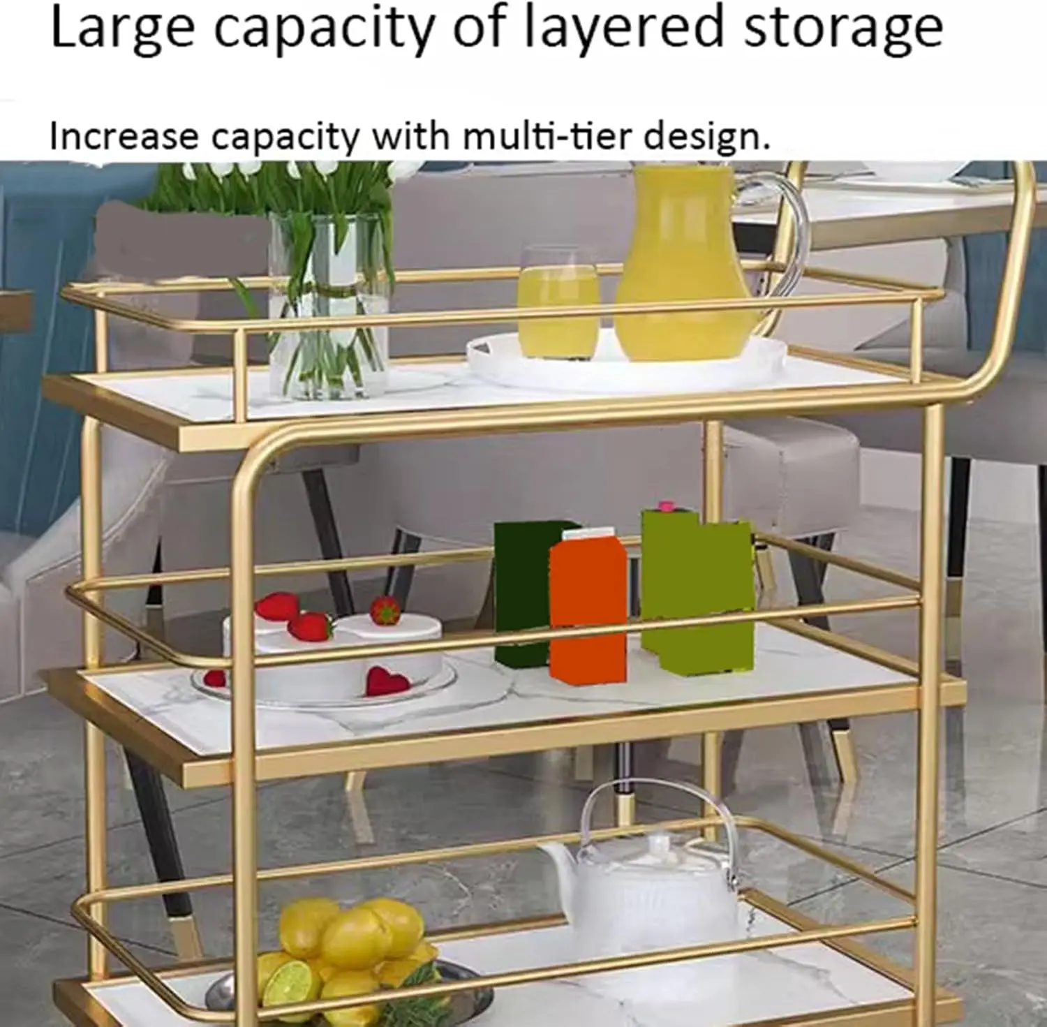 Metal Restaurant Service Trolley, 2/3 Tiers Golden Hotel Cart with Fence and Marble-Coloured Ecological Panels (Black, 3 Layers)