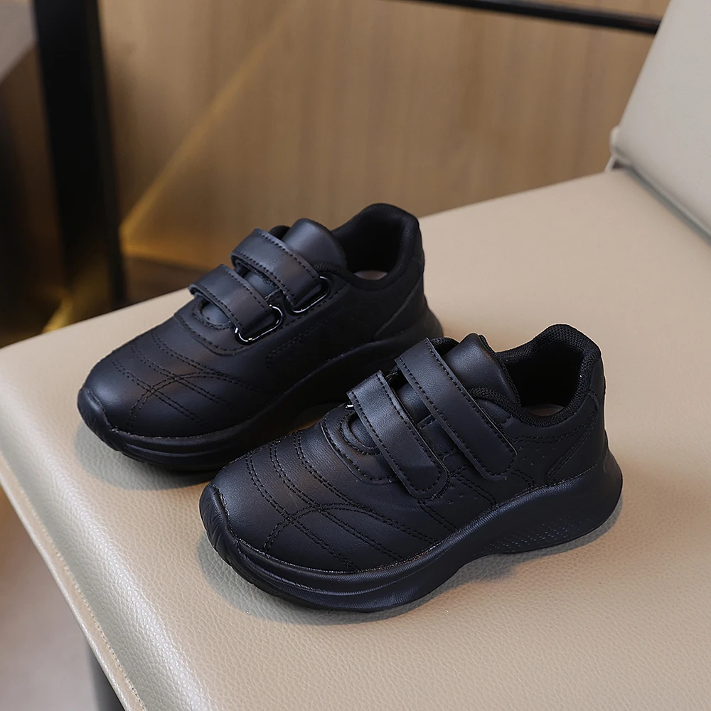 COMFY KIDS Boys Girls Full Black Leather Hook and Loop School Sneakers, Soft Cushioned Non-Slip Waterproof Running Shoes, All Se