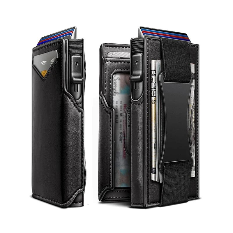 

YATBEST Men's Card Bag RFID Anti-Theft Brush Multifunctional Elastic Band Large Capacity Automatic Pop-up Aluminum Box Wallet