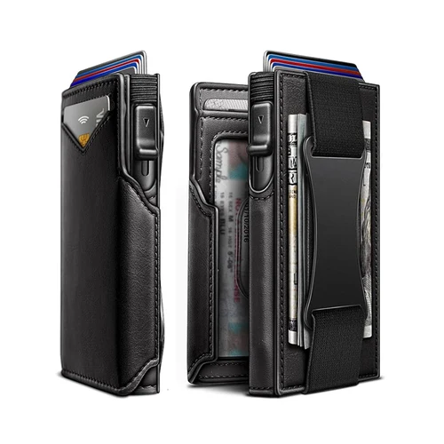 YATBEST-Bolso para tarjetas para hombre, cepillo antirrobo RFID, banda elástica multifuncional, gran capacidad, caja de aluminio emergente automática, billetera
