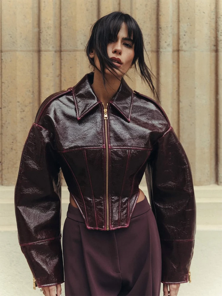 Chaqueta de Cuero Retro Brillante con Diseño de Espina de Pescado para Mujer, Cuello Alto Elegante, Mangas Largas, Cintura Ajustada, Chaqueta Corta 2026, Ropa Urbana Diaria para Dama