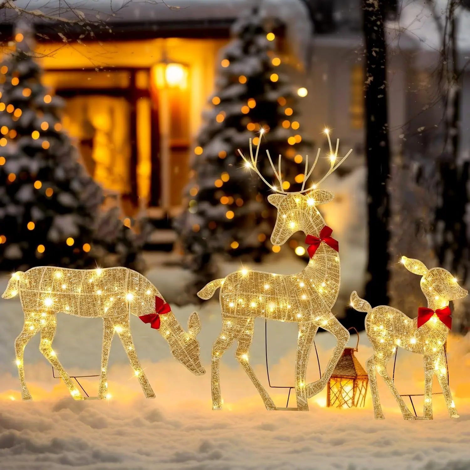 3 Light up Christmas Reindeer, 2D Lighted Reindeer Holiday Decoration, Large Outdoor Lighted Deer Decorations