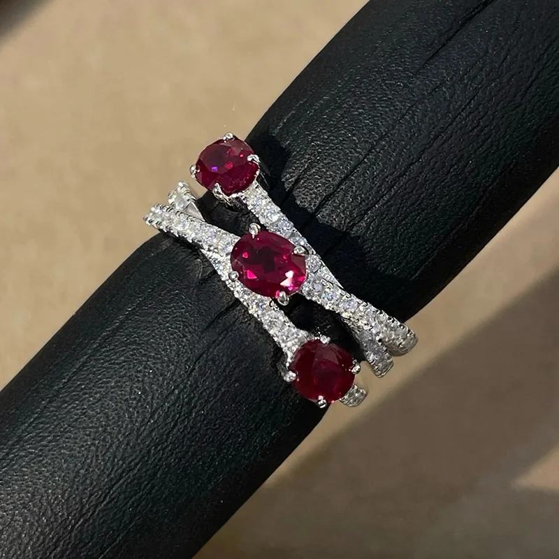 WSHUO البيضاوي قطع روبي عالية الكربون مع مويسانيتي الأحجار الكريمة خاتم الخطوبة للنساء 925 فضة الزفاف غرامة مجوهرات هدية #2