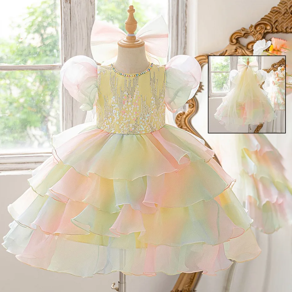 صيف جديد الزفاف زهرة فتاة حفلة عيد ميلاد قوس قزح القوس رقيق تنورة عيد الميلاد مدرسة المرحلة الدراما شبكة الأداء فستان ASQ03