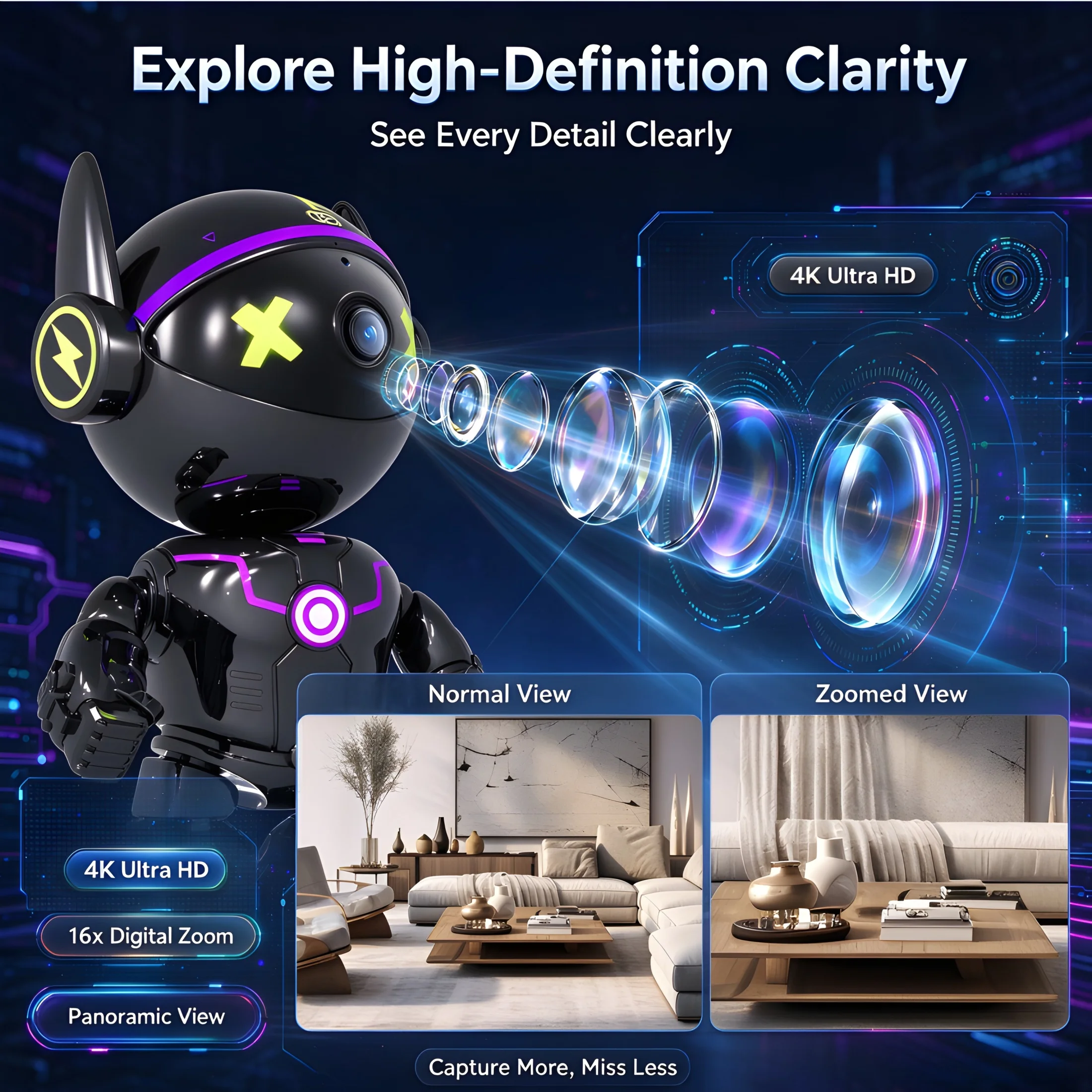 Smart Robot Camera 4K WiFi PTZ with AI Motion Tracking Night Vision Cloud Storage 16x Zoom Two-Way Audio Home Security Monitor