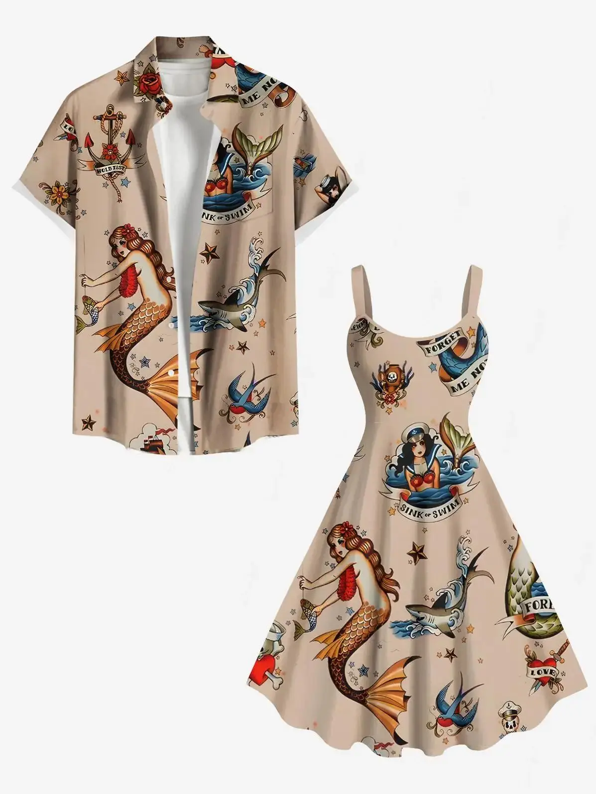 Tenues assorties pour couples : Chemise à imprimé Hawaïen Requin Ancre Sirène Étoiles ou Robe évasée grande taille