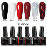 MEET ACROSS 6PCS/SET Glitter Red Silver Gel Nail Polish Glitter Sequins Semi Permanent UV Nail Kit Base Matte Top Coat Nail Art