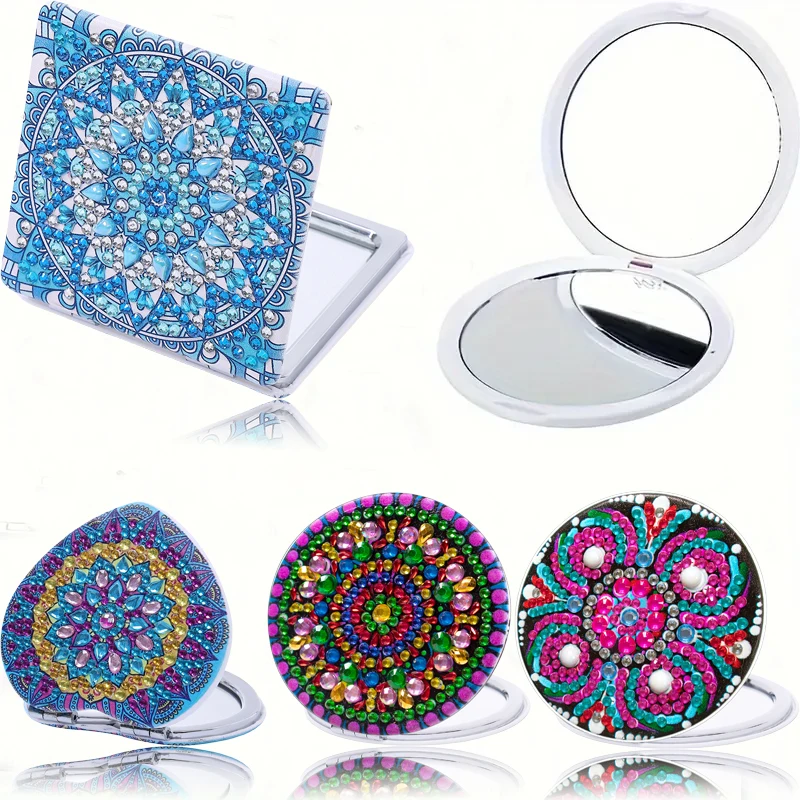 1 DIY Diamant-Malerei-Set, Mandala-Muster Schminkspiegel, Tragbarer Doppelseitiger Klapp-Reisespiegel für Frauen