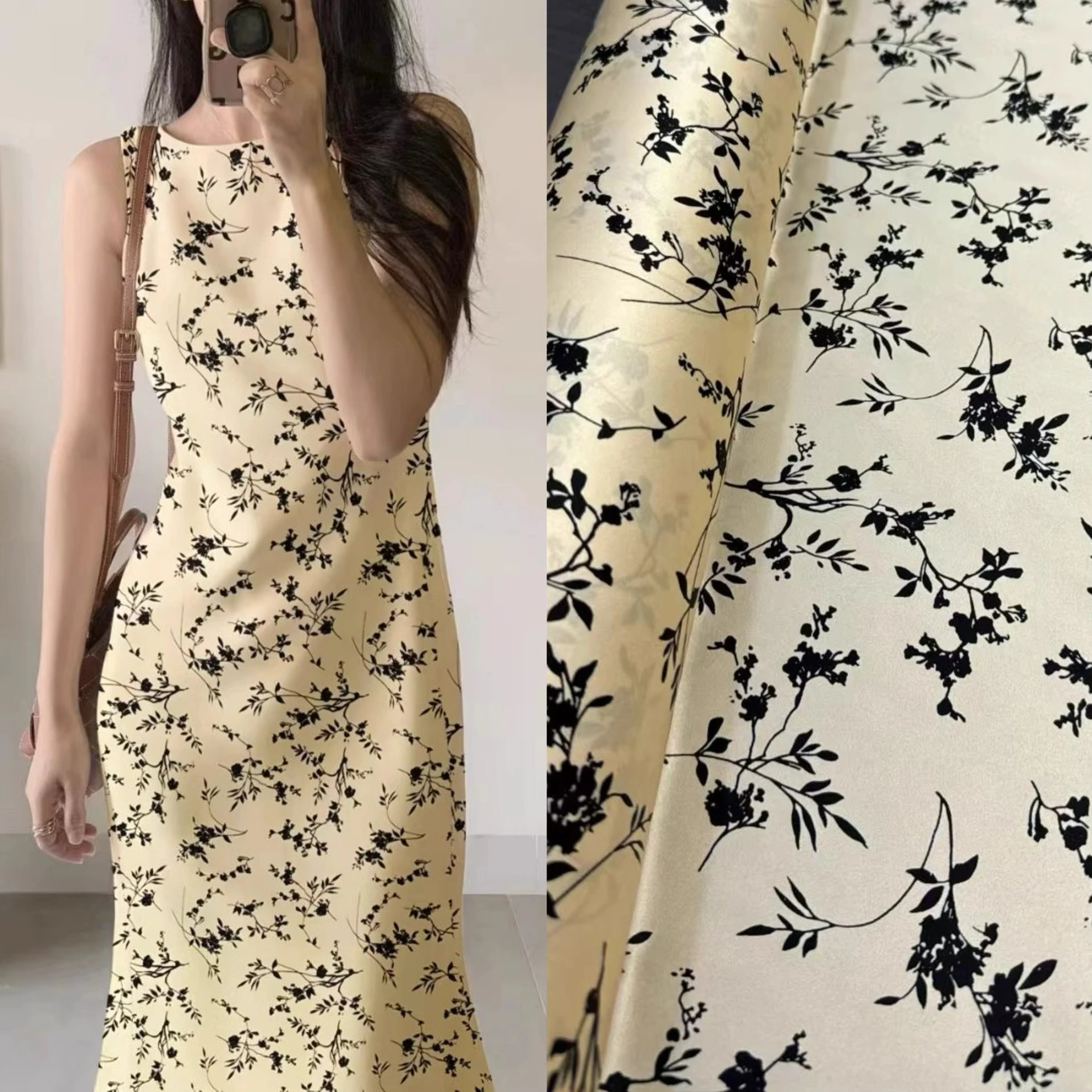 

Шелковая атласная ткань цвета шампанского с принтом черных растений для шитья, удобное платье, юбка, брюки, пижамы шириной 140 см, 20 мм, R2053