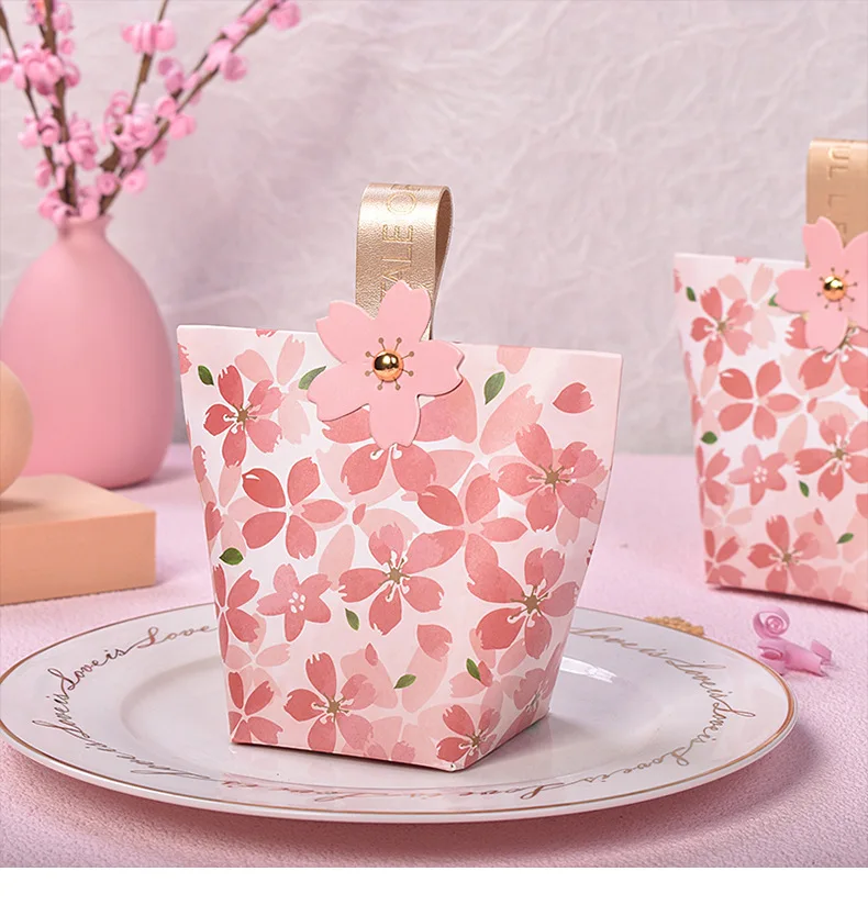 11X6X6.5cm Pink Cherry Blossom Candy Boxes Cookie Bags Paper Cherry Sakura Sticker Chocolate Party Candy Gift Box 100pcs/lot