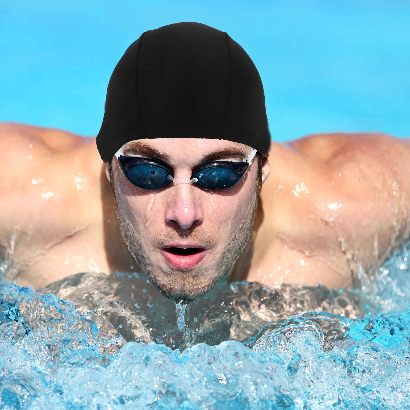 قبعة سباحة بلون سادة من نسيج البوليستر للبالغين، مقاس واحد يناسب معظم الرجال والنساء، قبعة سباحة مريحة مضادة للانزلاق للحماية من الشمس