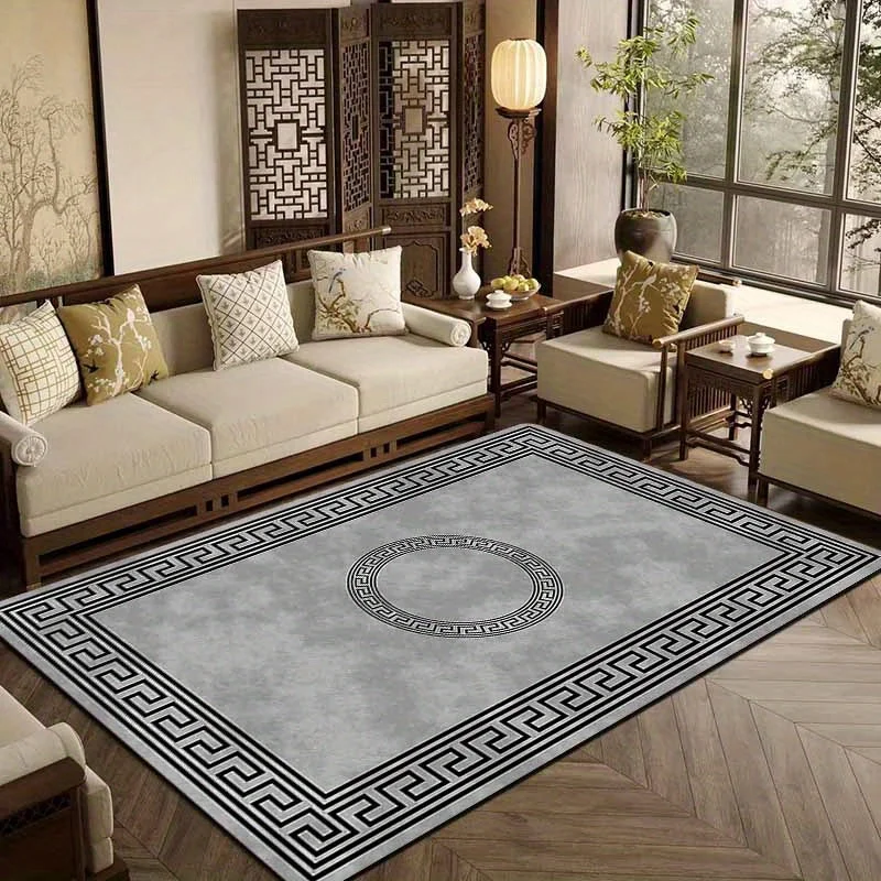 Stylish Geometric Greek Key Meander Pattern Area Rug Gray Living Room Decor Modern Hallway Carpet Mat for Sofa Accent Rug