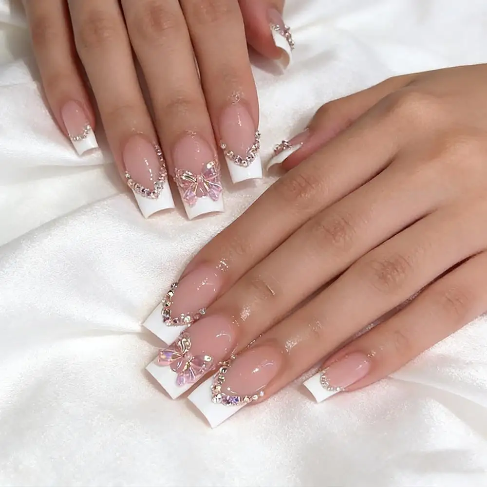 24 Stück/Set Nude Pink French Tips Künstliche Nägel mit 3D Aurora Schleifen-Strass, Press-On-Nägel, vollständige Abdeckung, tragbare falsche Fingertips