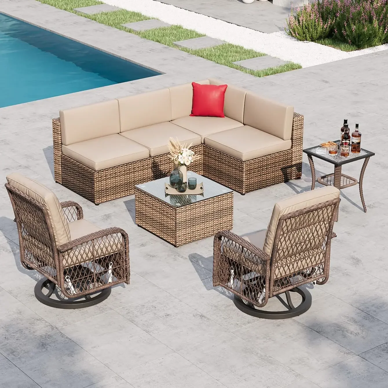 Patio Furniture Set Outdoor Wicker Rattan with Swivel Rocking Chairs Sectional Sofa for Children, Girls and People in Small Size