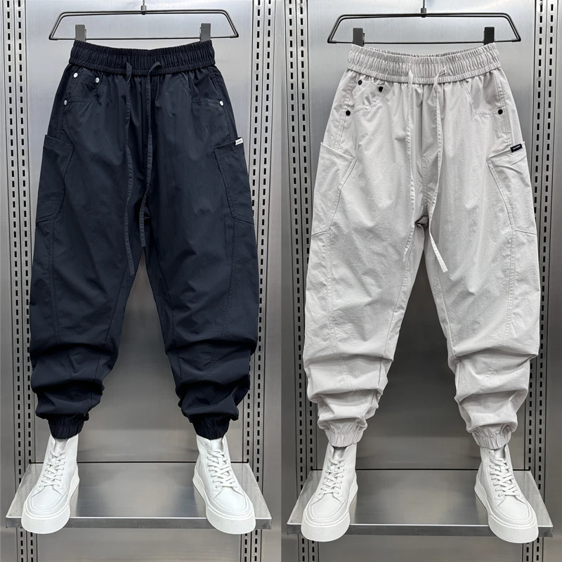

Летние тонкие рабочие брюки с множеством карманов для мужчин, модные брендовые повседневные свободные спортивные молодежные брюки-карго длиной 7/8 с отворотами на штанинах