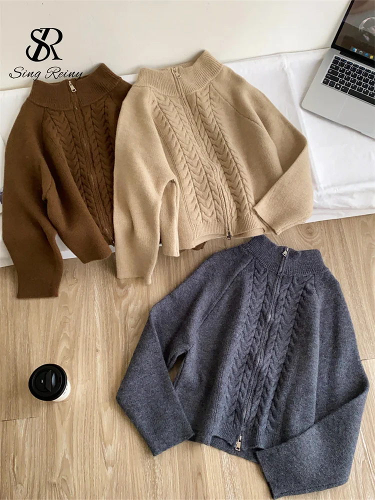 SINGREINY Unisex Lazy Vintage Sweater French Style Twist Drill Knit Zipper Full Sleeves Tops 2026 Autumn Women Workwear Cardigan