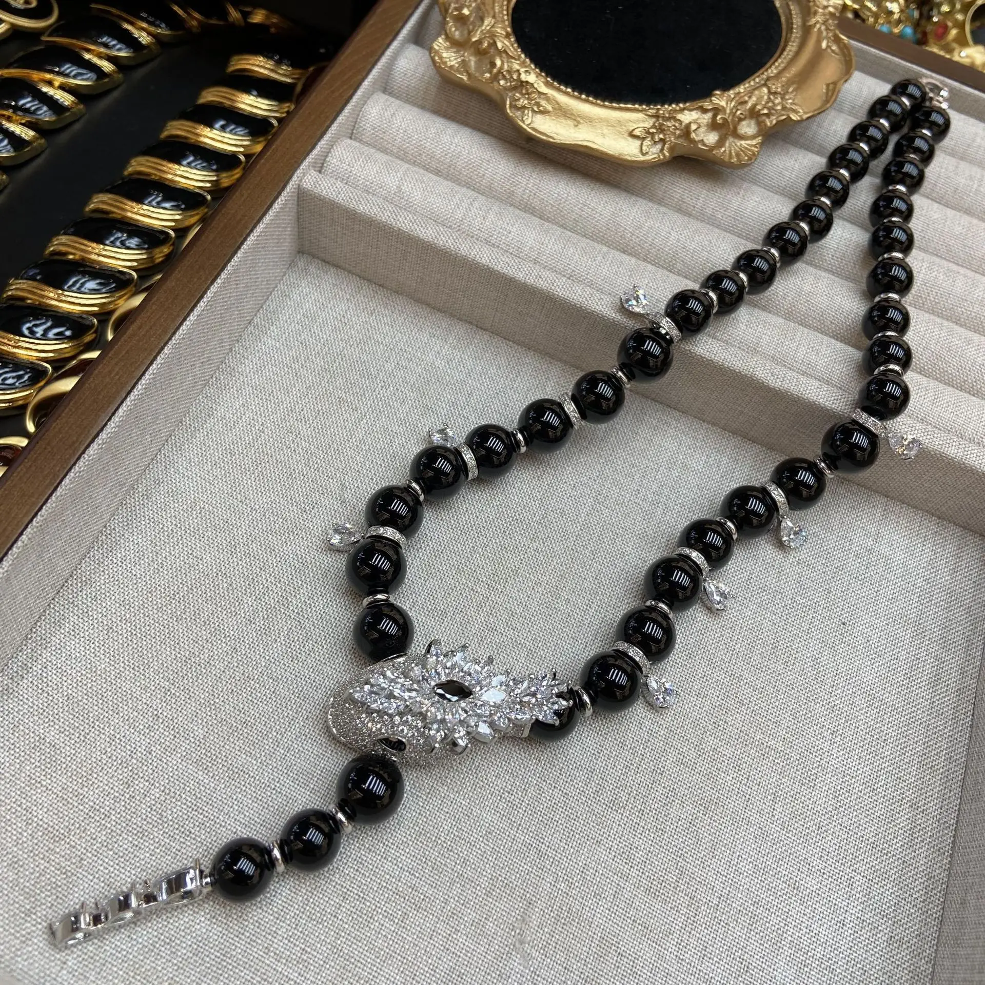 Women Black glazed agate female zircon Necklace 2024