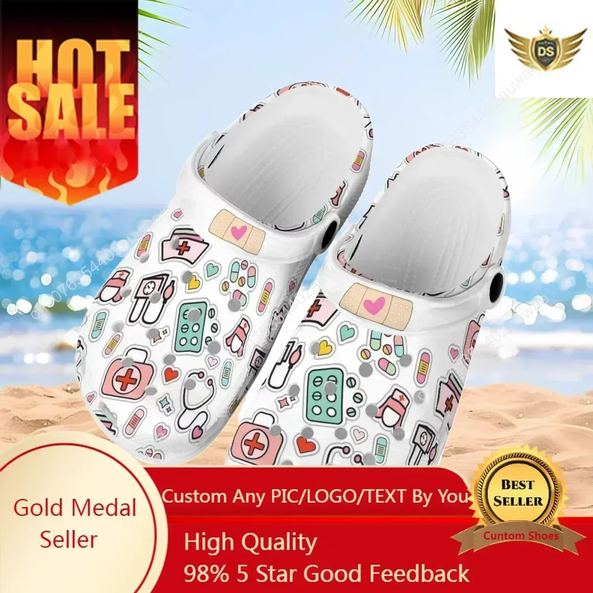 

Summer Beach Slip-on Sandals Lightweight Flats Wear Resistant Hole Shoes Hospital Medical Nurse Print Women Slipper Nurse Clogs