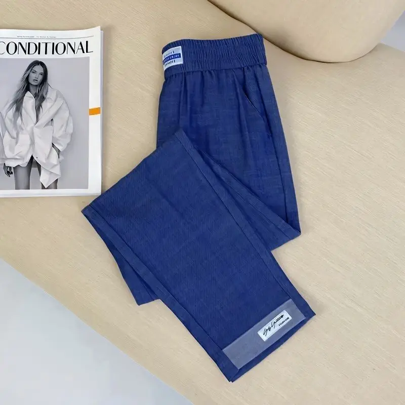 

High Waist Silk Denim Jeans Women Summer New Loose Slim Ice Silk Thin Casual Nine Point Straight Leg Pants Women