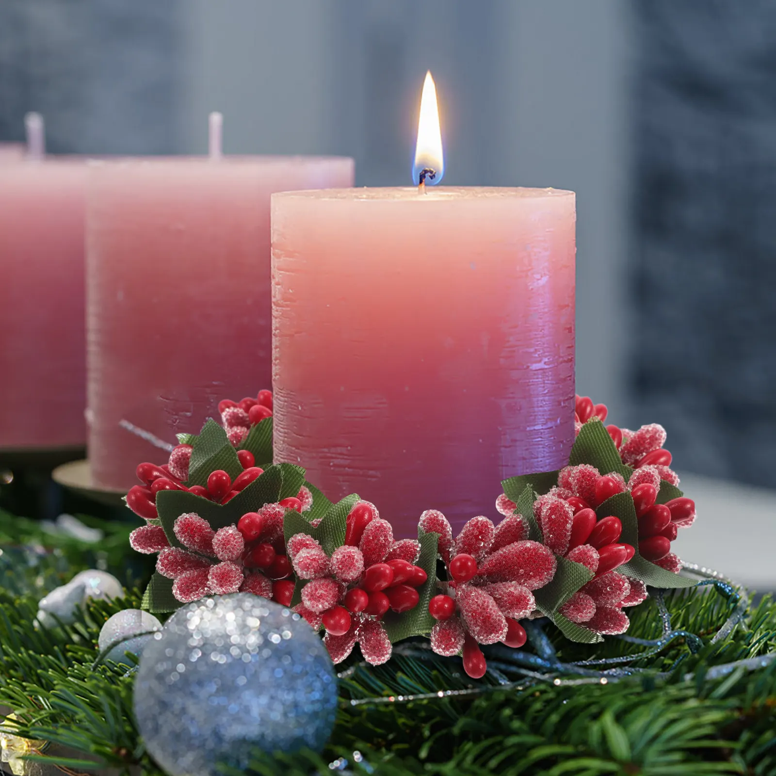 Creative Christmas Ring Wreath Centerpiece Featuring Red Berries Pine Foliage Ideal for New Year Dinner Table Wedding
