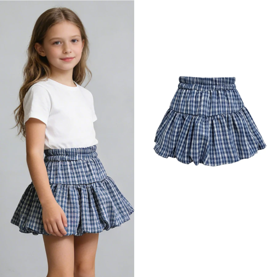 

Girls Blue Plaid Bubble Skirt Kids Elastic Waist Ruffle Tiered Skirt Child Casual A-Line Mini Skirt for Daily/School Wear 3-10Y