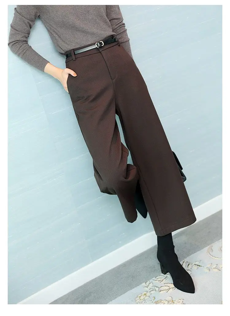 Wool Temperament BootPants Women's Autumn and Winter Wide-LegPants Slimming High WaistStraightCroppedPants CasualPants with Belt