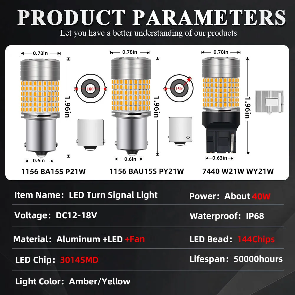 ไฟเลี้ยว LED สำหรับรถยนต์ 2 ชิ้น หลอดไฟสัญญาณไฟเลี้ยว สีเหลืองอำพัน สำหรับด้านหน้า/ด้านหลัง สำหรับรถยนต์ Peugeot 301/304/305/306/307/308/309