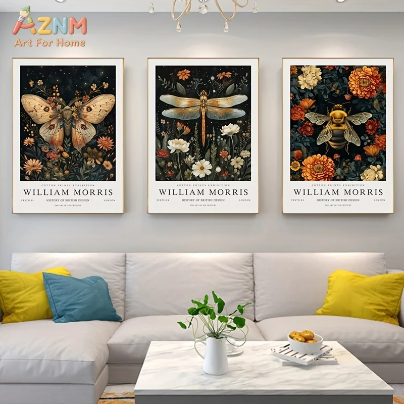 3PCS William Morris Vintage Botanical Insect Canvas Wall Art Prints Set, Retro Moth Dragonfly Bee Floral Artwork Posters, No Fra