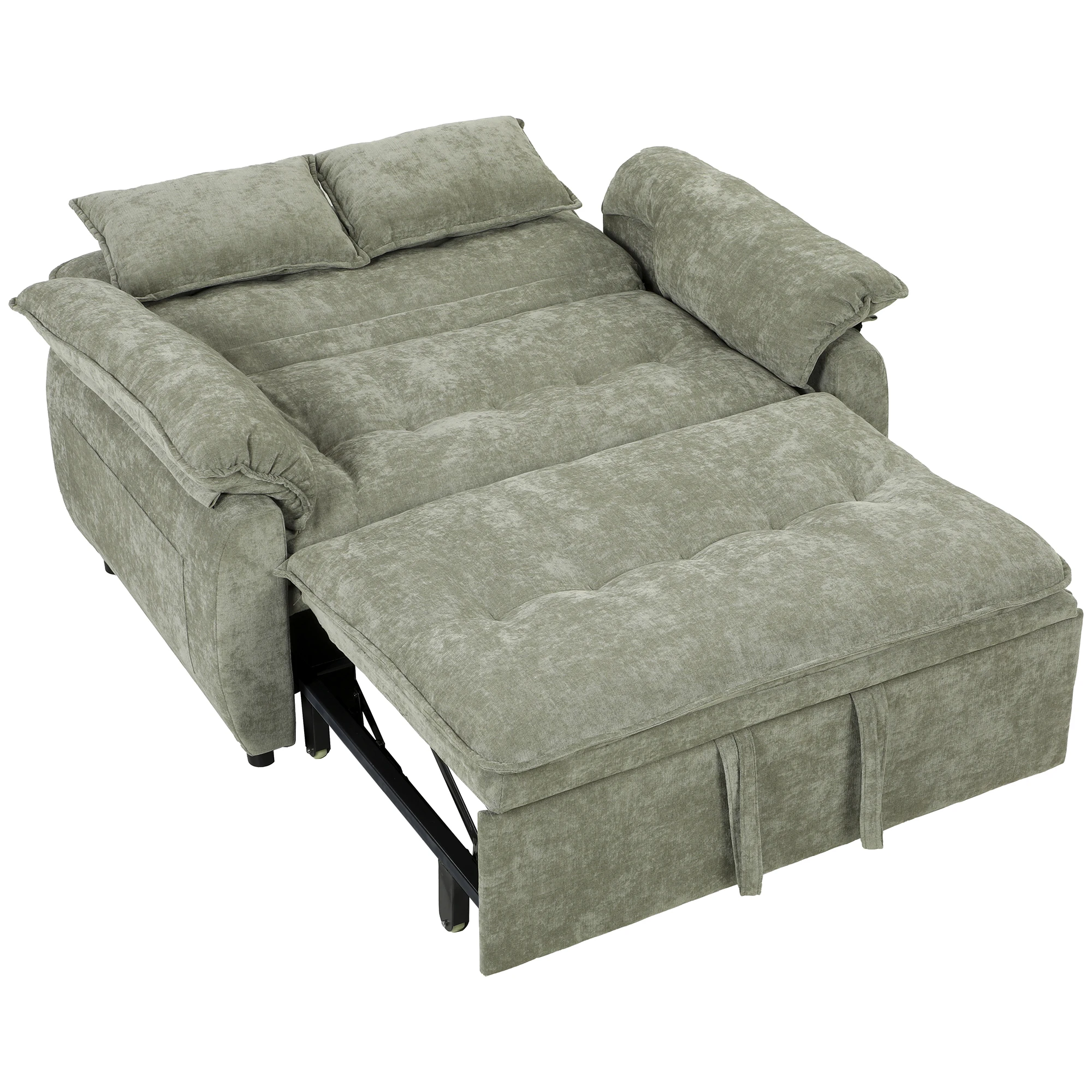Divano letto trasformabile 3 in 1, 2 posti, 137 cm, rivestimento in velluto, schienale regolabile, seduta ampia, 2 cuscini, colore verde.