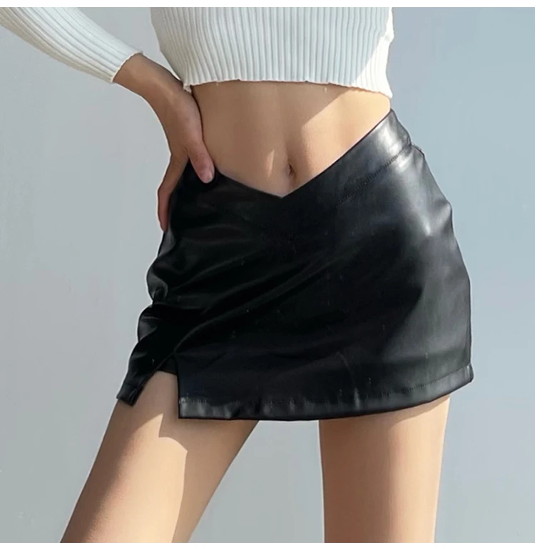 

Black Soft Stretchy Faux Leather Mini Skirt Women With Slit Low Waist Sexy Hot Girl Short Retro Summer Y2k Clothes Falda