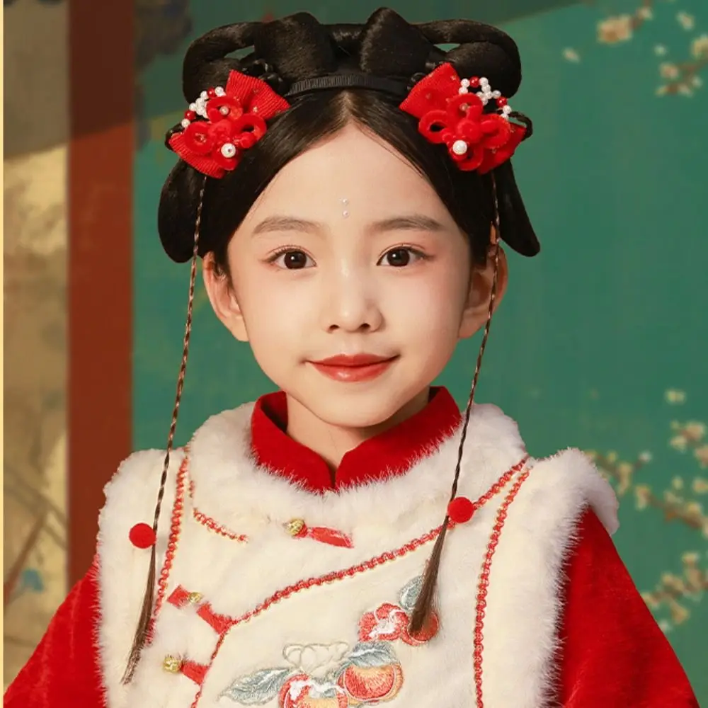 لطيف زهرة الأطفال شعر مستعار عقال شرابة جديلة الشعر Hanfu الشعر العصي الطراز القديم فتاة إكسسوارات الشعر القوس الأحمر هيرباند الفتيات #3