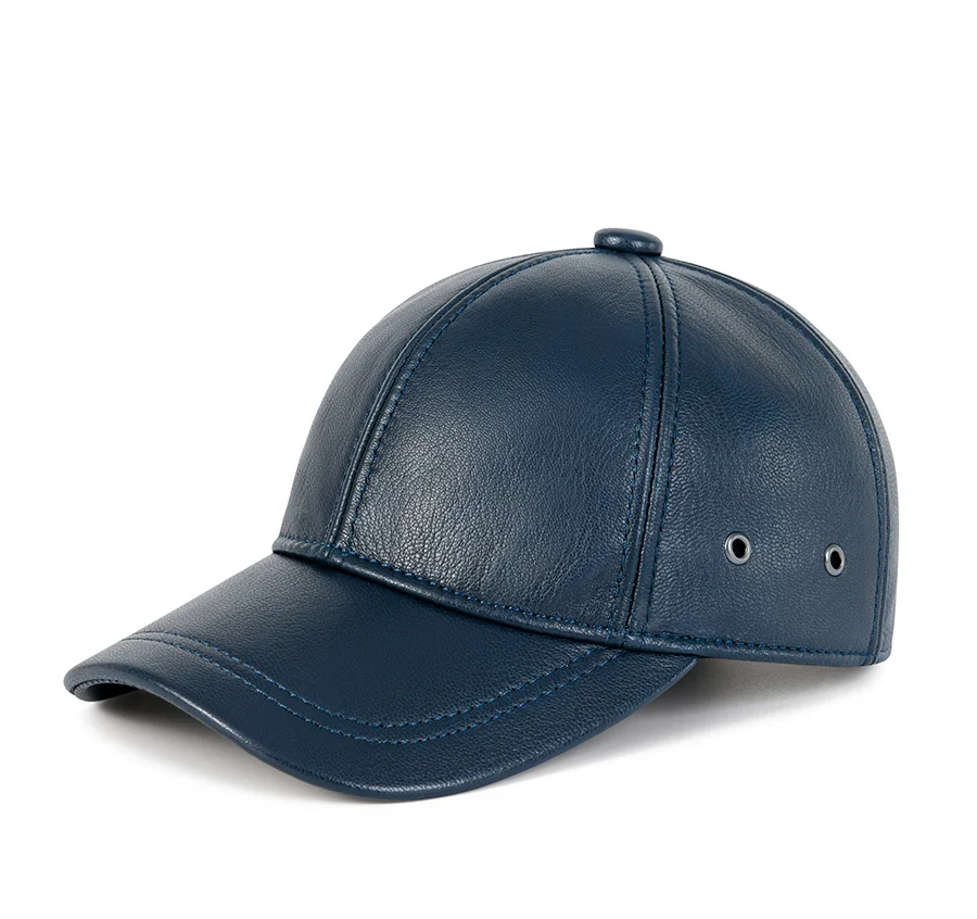 FEINION Unisex-Baseballkappe aus echtem Leder, 100 % Leder, für den Winter, strukturiert, flach, verstellbarer Rückengurt – Detail 2