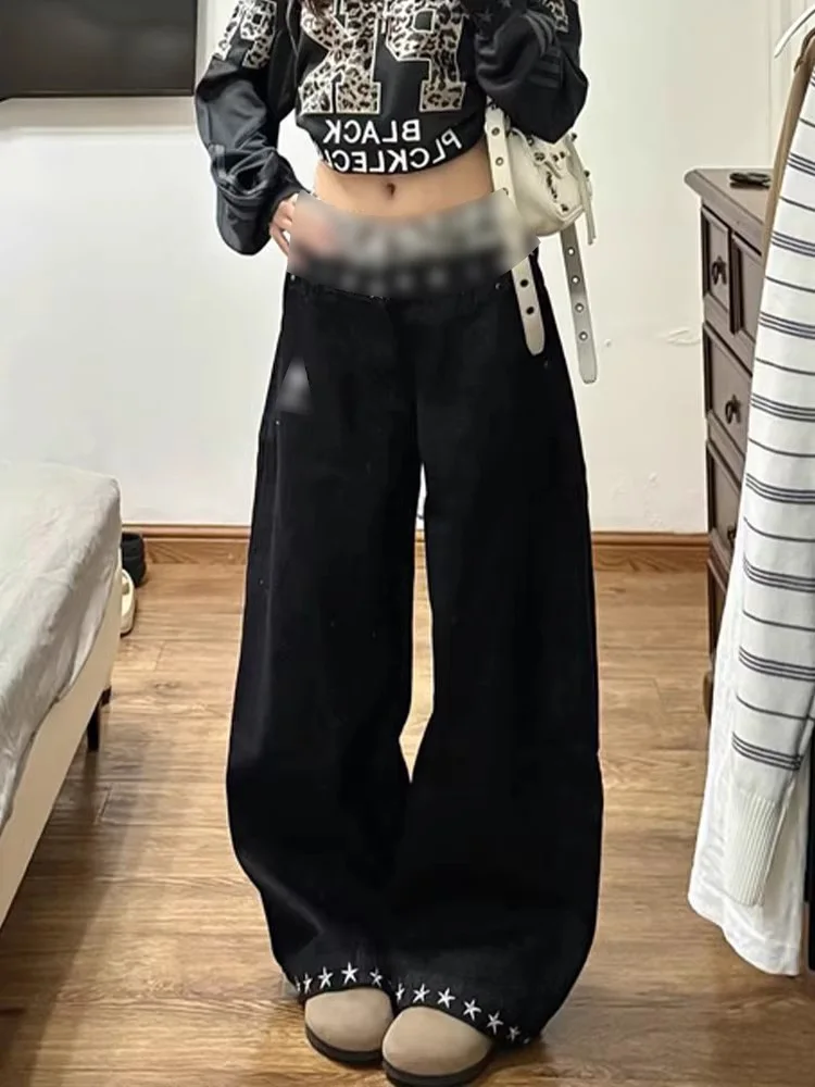 

Американские джинсы с леопардовым принтом и высокой талией, широкие джинсы, женские ретро персонализированные модные джинсы длиной до пола