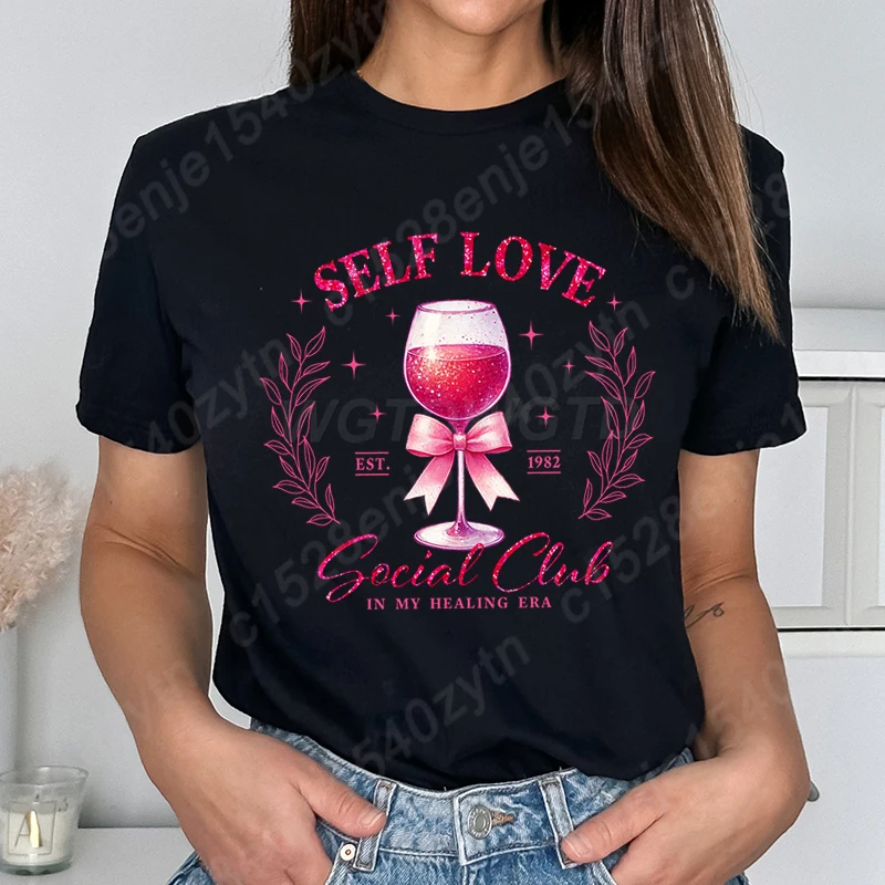 

Valentine's Day Self Love Social Club Print T-shirts For Women Summer Fashion Casual Short Sleeve T Shirt Round Neck Ladies Tops