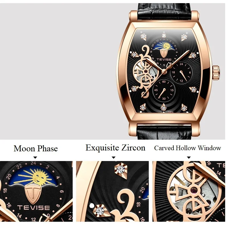 2024 Fashion Top Brand Men's Mechanical Watch Tevise 8383c Business Waterproof Automatic Carved Hollow Window Moon Phase Zircon