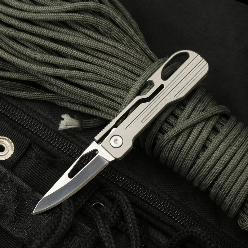 Titanium Alloy Mini Folding Knife EDC Portable D2 Steel Blade Package Opener Keychain Pendant Utility Box Cutter Tool