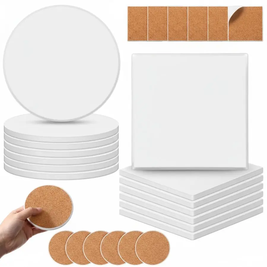 

Набор из 96 керамических плиток для поделок: включает неглазурованные белые керамические плитки с пробковой основой для использования с спиртовыми чернилами и акрилом