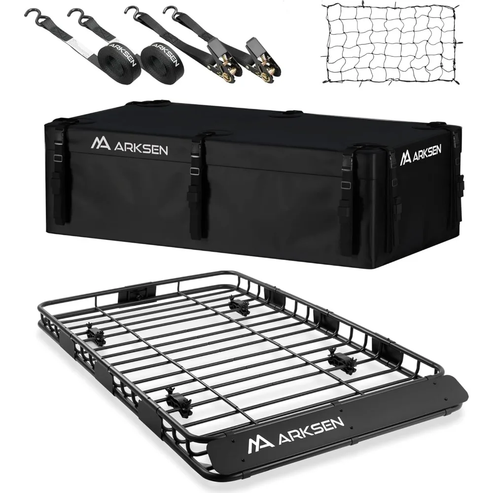 

64 x 39 x 4 Inch Upgrade Universal Roof Rack with Waterproof Bag, Cargo Net, 2 Ratchet Straps - 250Lbs Capacity Heavy Duty Roof