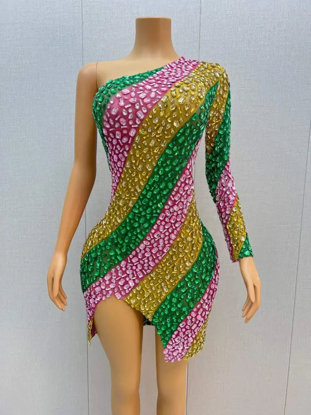 

Colorful Women Full Rhinestone Rainbow Mini Dress Single Shoulder DJ DS Gogo Night Club Singer Birthday Queen Outfit