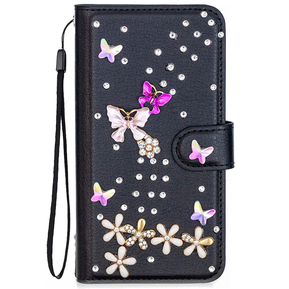 

For iPhone 15 14 16 7 8 Plus 11 13 12 Pro Max Mini Flip Leather Phone Cases for Women with 3D Betterfly Diamond Cover