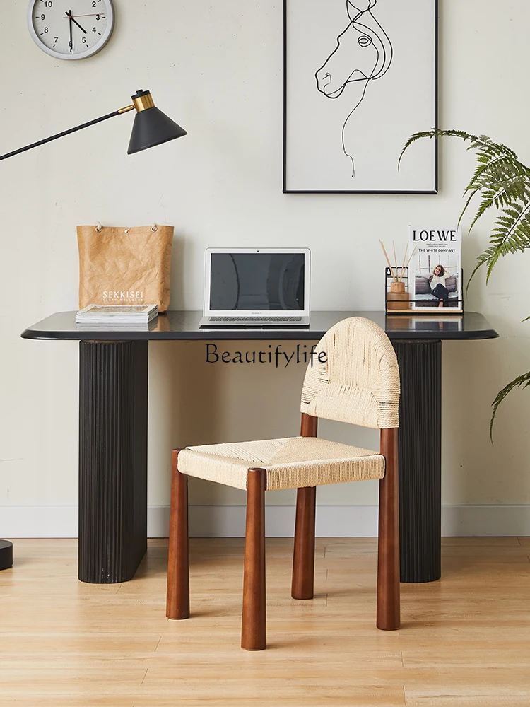 Chaise de Salle à Manger en Bois Massif de Style Nordique, Fauteuil de Loisirs en Corde de Paille, Rétro, Simple, Ata ji