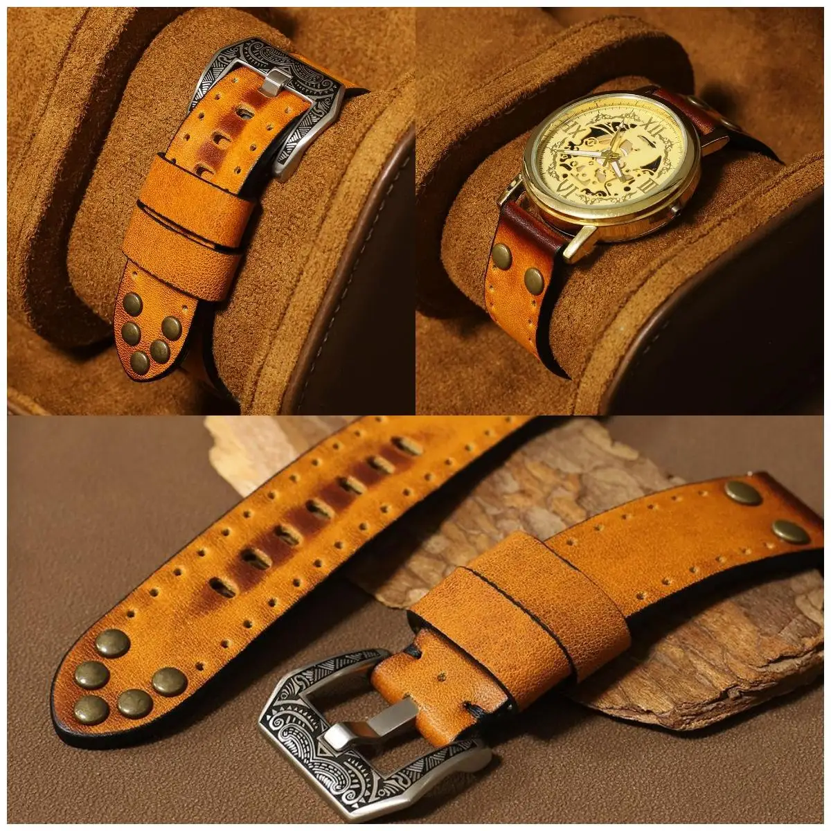 

Vintage 20mm 22mm 24mm Genuine Leather Watchbands Rivet Watch Strap Replacement Silver Carving Strap Watch Accessories for Men