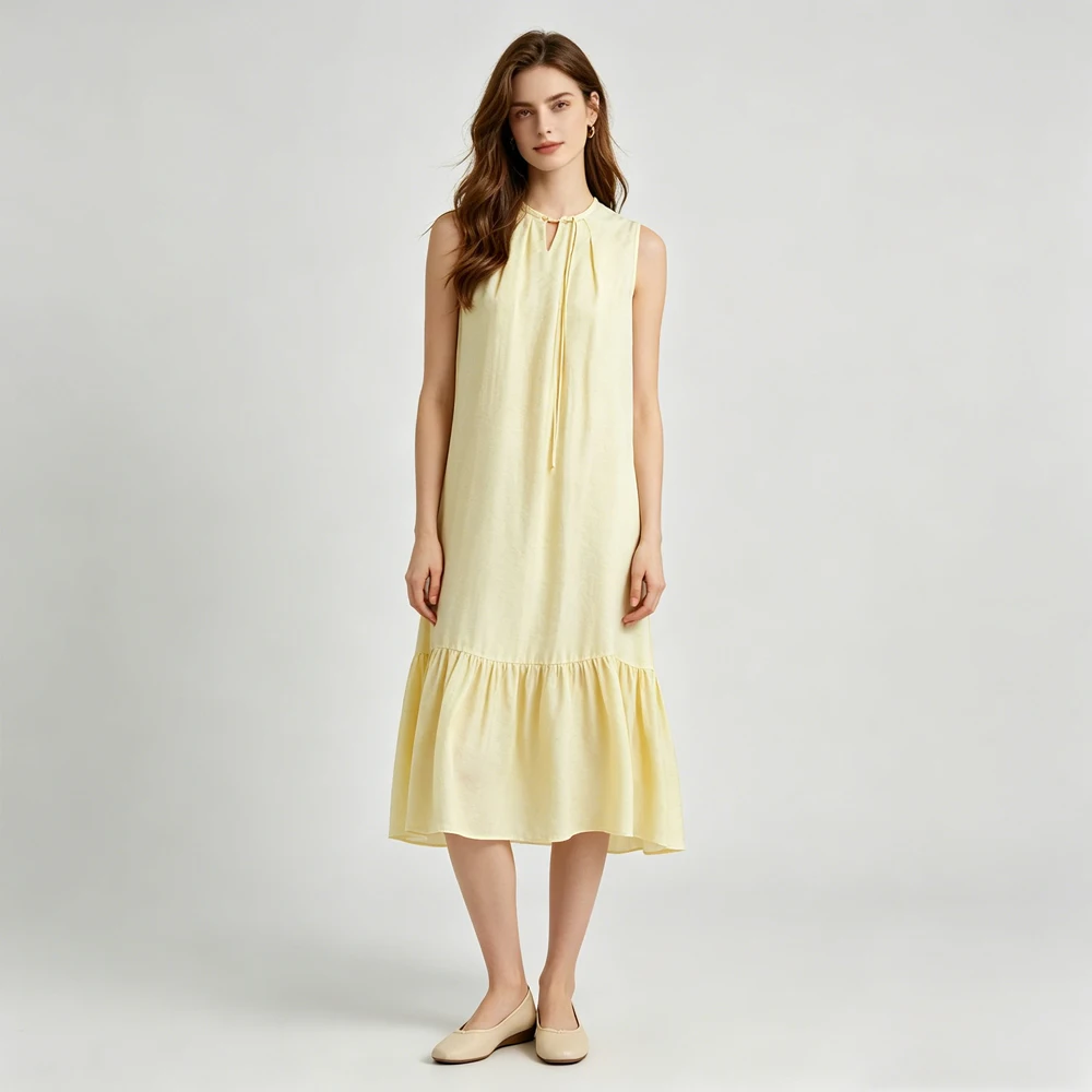 2026 Women's Casual Summer New 100% Natural Mulberry Silk Jacquard HuaLuo Round Neck Lotus Leaf Edge Tank Top Dress