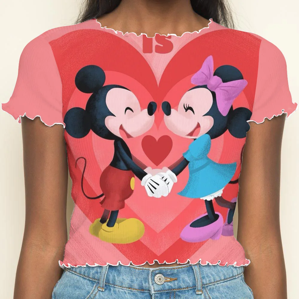 Woman Clothing Summer Clothes Women 2024 Crop Top Lettuce Trim Y2k Minnie Mouse Tops Sexys Disney T-shirts T-shirt Short Sleeve